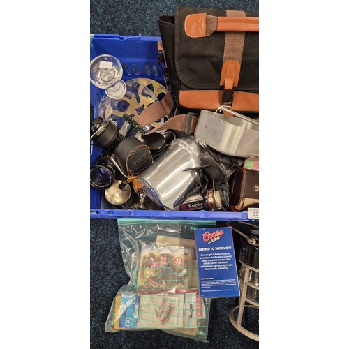 337 - Crate of Collectables; 19th Century Pewter Stein, Silver plated wares, Piquot Ware, Oil lamp funnel,... 