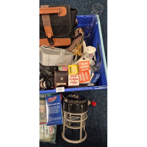 337 - Crate of Collectables; 19th Century Pewter Stein, Silver plated wares, Piquot Ware, Oil lamp funnel,... 