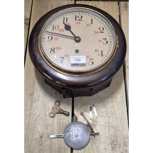 100 - Antique School Round Dial Wall Clock With Pendulum And Key Working Order.