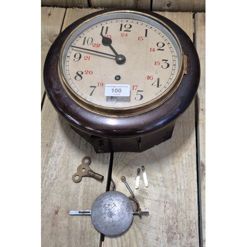 100 - Antique School Round Dial Wall Clock With Pendulum And Key Working Order.