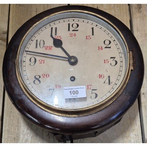 100 - Antique School Round Dial Wall Clock With Pendulum And Key Working Order.
