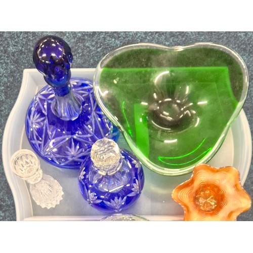 133 - Two Trays of Art Glass wares; Etched Blue Decanters, Cranberry Glass wares & other items.