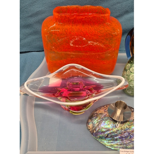 139 - Collection of assorted art glass items; large, rectangular, vibrant orange and white swirled vase or... 