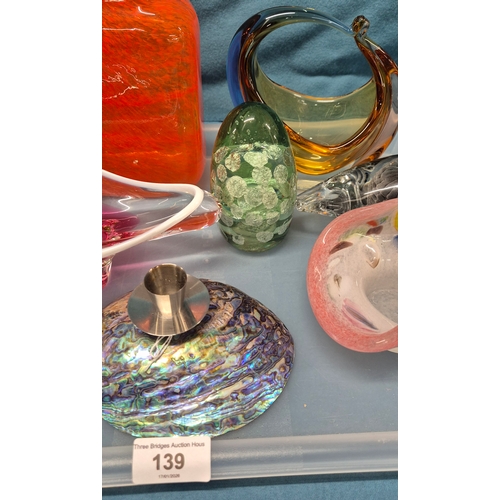 139 - Collection of assorted art glass items; large, rectangular, vibrant orange and white swirled vase or... 
