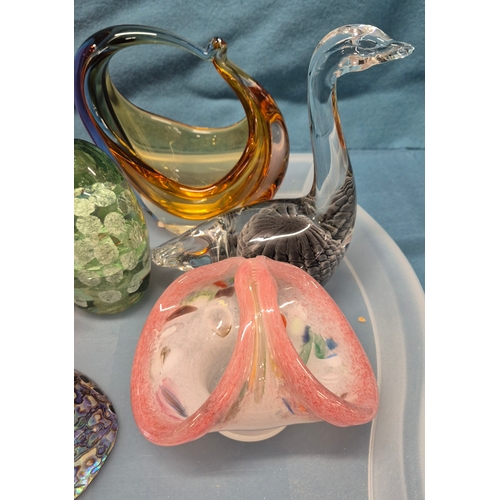 139 - Collection of assorted art glass items; large, rectangular, vibrant orange and white swirled vase or... 