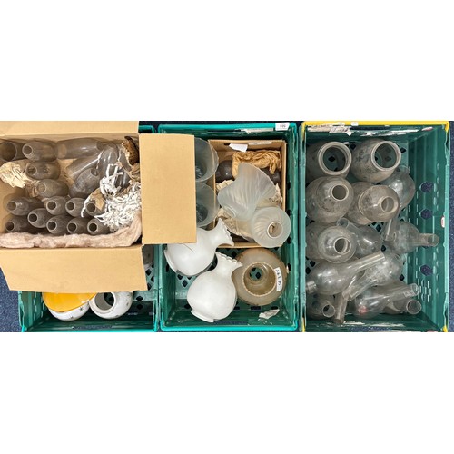 501 - Three Crates and one box of Oil lamps funnels, Shades & fittings