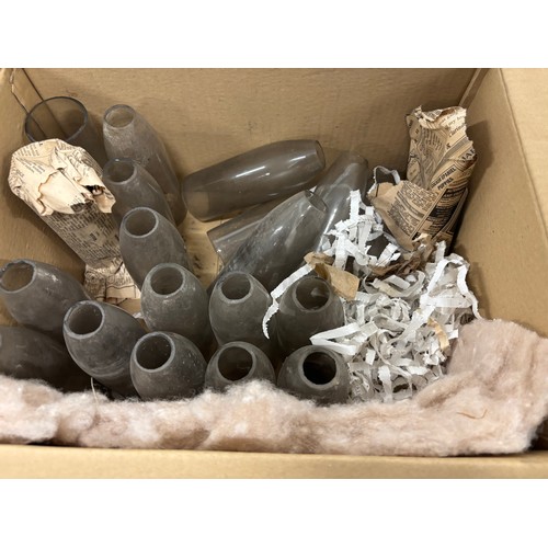 501 - Three Crates and one box of Oil lamps funnels, Shades & fittings