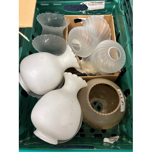 501 - Three Crates and one box of Oil lamps funnels, Shades & fittings