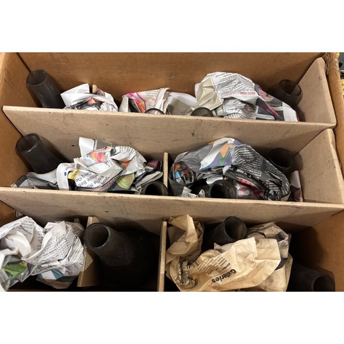 502 - Three Crates  & Two boxes of Oil lamps funnels, Brass fittings & other items.