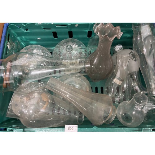 502 - Three Crates  & Two boxes of Oil lamps funnels, Brass fittings & other items.