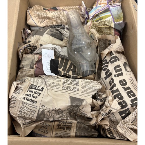 502 - Three Crates  & Two boxes of Oil lamps funnels, Brass fittings & other items.