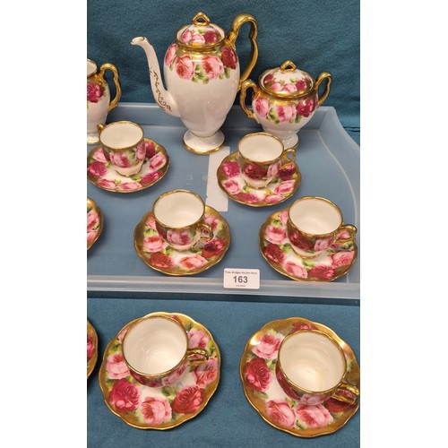 163 - Royal Albert Old English Rose Coffee Set with Coffee pot, Sugar Pot and Cream Jug. 19 Piece set.