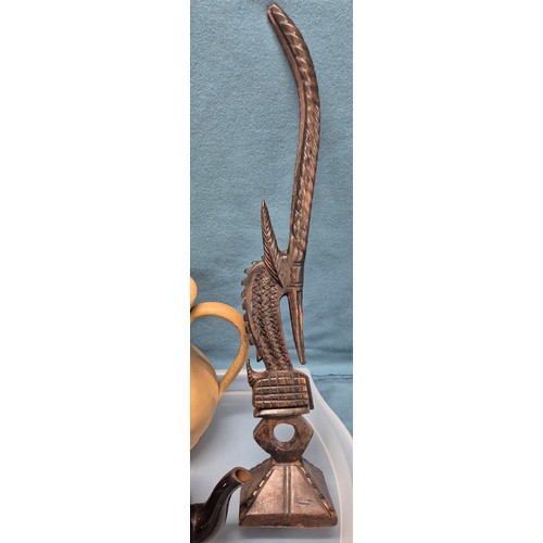 158 - Tray of collectables; African hand carved wooden antelope sculpture- possibly by the Bamana people. ... 