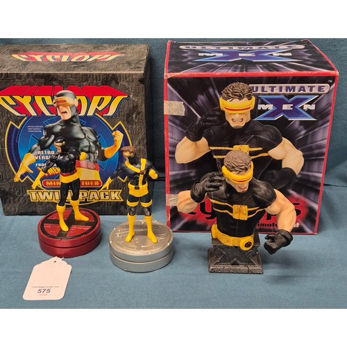 575 - Three X-Men statues; Ultimate X-Men Cyclops Ultimate Bust with box and X-Men Cyclops mini statues tw... 