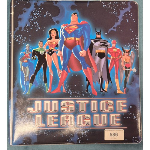 586 - Justice League Trading Card Binder; Bruce Timm autograph card, Won-Jae Lee Superman & Hawkgirl sketc... 