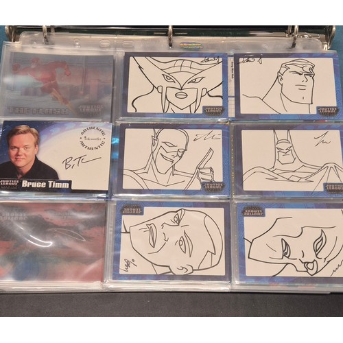 586 - Justice League Trading Card Binder; Bruce Timm autograph card, Won-Jae Lee Superman & Hawkgirl sketc... 