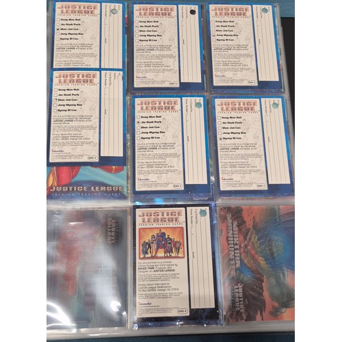 586 - Justice League Trading Card Binder; Bruce Timm autograph card, Won-Jae Lee Superman & Hawkgirl sketc... 