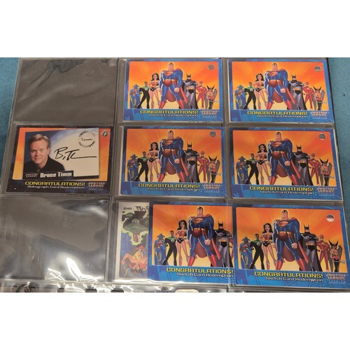 586 - Justice League Trading Card Binder; Bruce Timm autograph card, Won-Jae Lee Superman & Hawkgirl sketc... 