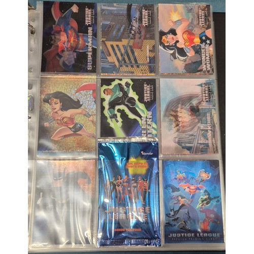 586 - Justice League Trading Card Binder; Bruce Timm autograph card, Won-Jae Lee Superman & Hawkgirl sketc... 