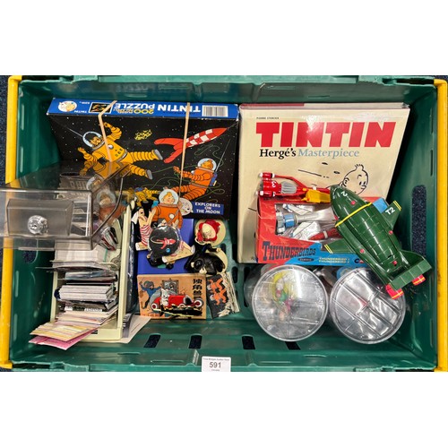 591 - A Crate of Tin Tin Collectables and odds; Card deck containing mixed collectors cards- Simpsons, Sta... 