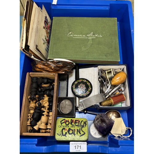 171 - A Tub of collectables; Amethyst gem stone, Mauchline Egg shaped thimble holder, chess pieces, Coins,... 
