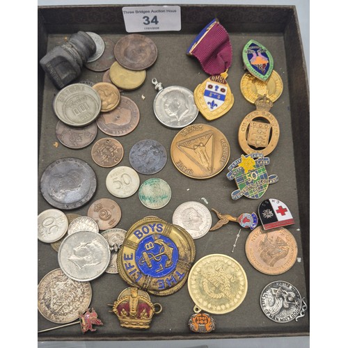 34 - Collection of mixed coins, medallions and badges.