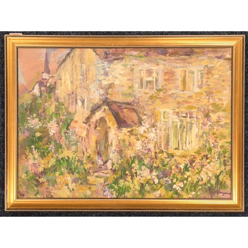 220 - Oil on canvas depicting a cottage garden. Signed to lower right hand corner. Frame- 55x75cm.