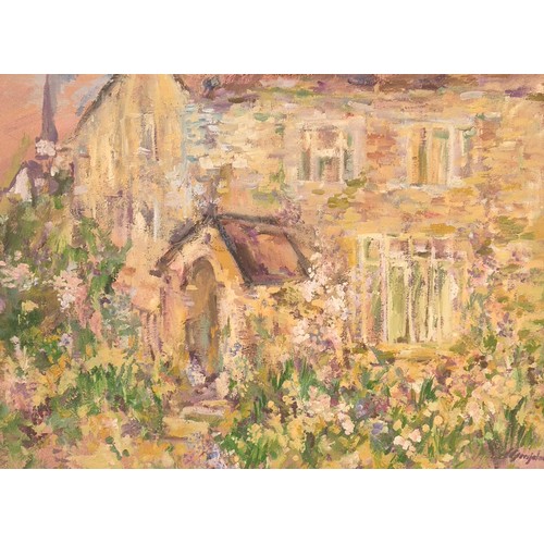 220 - Oil on canvas depicting a cottage garden. Signed to lower right hand corner. Frame- 55x75cm.
