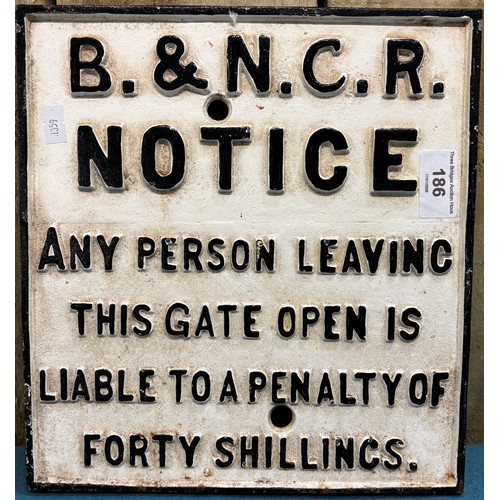 186 - Cast iron penalty sign. B.&.N.C.R. Notice. 28x26cm.