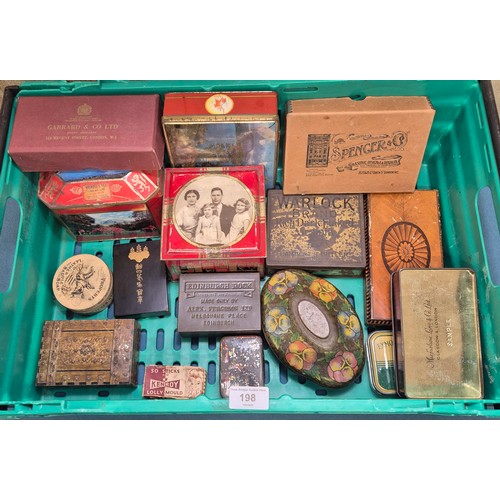198 - A Crate of vintage advertising tins- Rown Tree, Huntley Palmers, Cadbury and others.