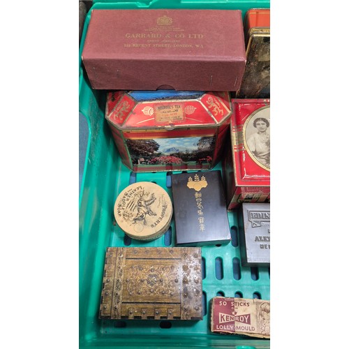 198 - A Crate of vintage advertising tins- Rown Tree, Huntley Palmers, Cadbury and others.