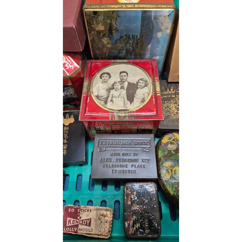 198 - A Crate of vintage advertising tins- Rown Tree, Huntley Palmers, Cadbury and others.