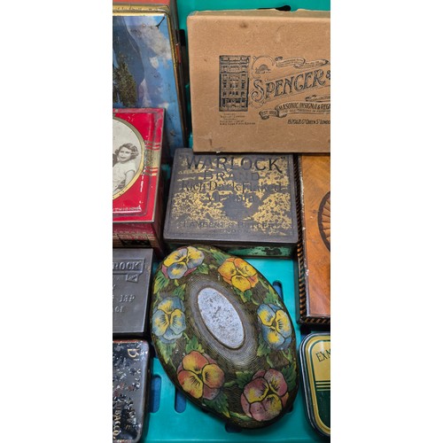 198 - A Crate of vintage advertising tins- Rown Tree, Huntley Palmers, Cadbury and others.