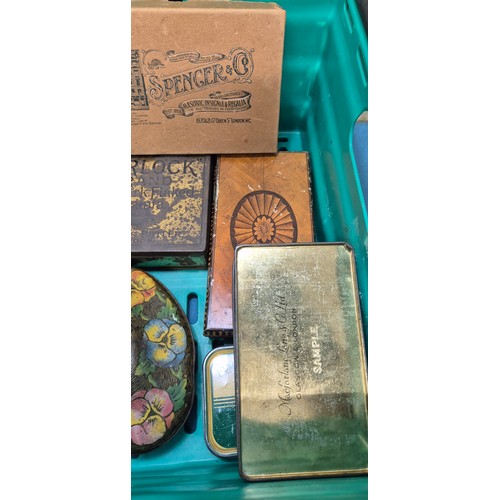 198 - A Crate of vintage advertising tins- Rown Tree, Huntley Palmers, Cadbury and others.