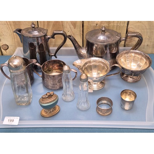 199 - A Collection of silver plated wares and odds; Ronson Leona raised table lighter. Silver napkin ring ... 