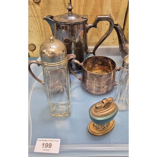 199 - A Collection of silver plated wares and odds; Ronson Leona raised table lighter. Silver napkin ring ... 