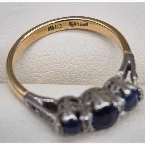19 - 18ct yellow gold & Platinum, diamond and sapphire stone ring. 3.46grams. Ring size M.