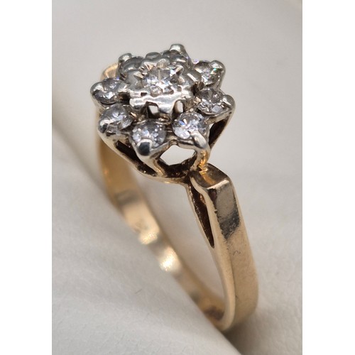 14 - 9ct yellow gold and diamond stone cluster. 2.56Grams. Ring size J.