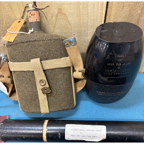 217 - Collection of military collectables; British Naval Officers Strop, WW2 British Water Bottle and carr... 