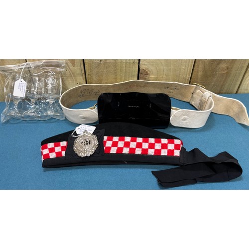 227 - A Collection of military items; Queens Royal Lancers Cross belt & pouch. WW2 Royal Navy rum tot offi... 