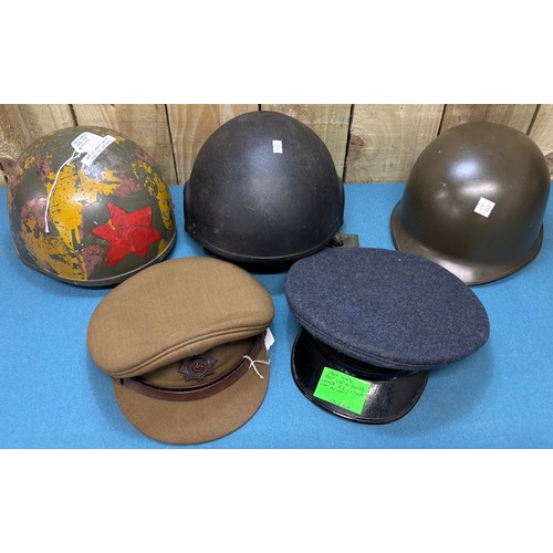 228 - A Crate of military caps and helmets; 1983 (early) model para helmet. WW2 British Cheshire Reg offic... 