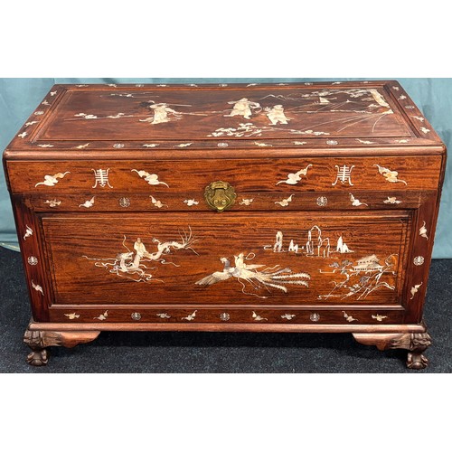 275 - Antique Oriental Camphor Wood Chest. Detailed with Mother of pearl inlays depicting warriors, landsc... 
