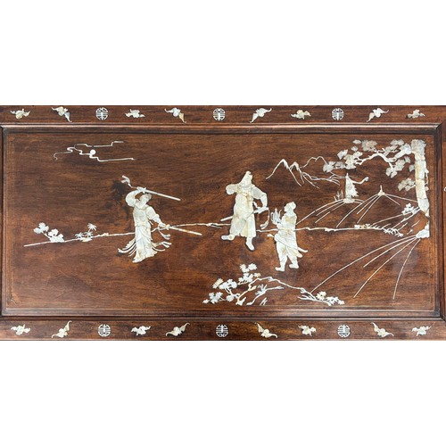 275 - Antique Oriental Camphor Wood Chest. Detailed with Mother of pearl inlays depicting warriors, landsc... 