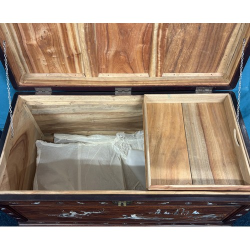 275 - Antique Oriental Camphor Wood Chest. Detailed with Mother of pearl inlays depicting warriors, landsc... 