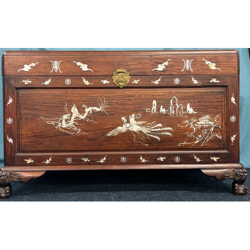 275 - Antique Oriental Camphor Wood Chest. Detailed with Mother of pearl inlays depicting warriors, landsc... 