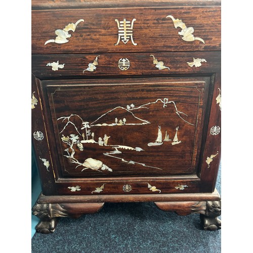 275 - Antique Oriental Camphor Wood Chest. Detailed with Mother of pearl inlays depicting warriors, landsc... 