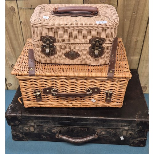 272 - Antique leather travel case, picnic basket with contents and Monarch wine basket with two glasses.