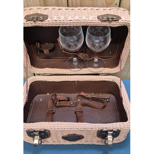 272 - Antique leather travel case, picnic basket with contents and Monarch wine basket with two glasses.