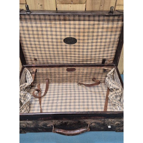 272 - Antique leather travel case, picnic basket with contents and Monarch wine basket with two glasses.