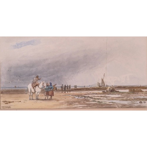 321 - J. Macpherson 
Antique watercolour depicting fisher wives on the beach. Signed. Frame- 50x67cm